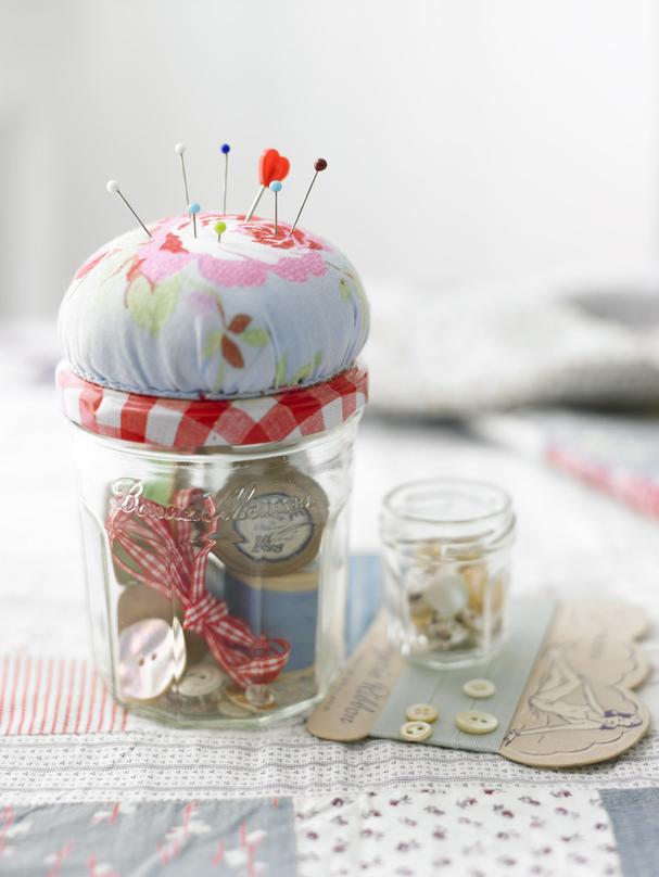 Recycled jam jars for sewing