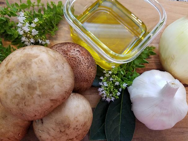 Mushrooms, herbs, garlic, shallots, olive oil