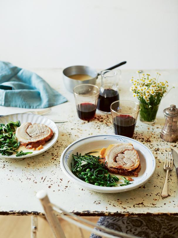 alomnd milk-braised pork belly with peas, watercress, and sea beans