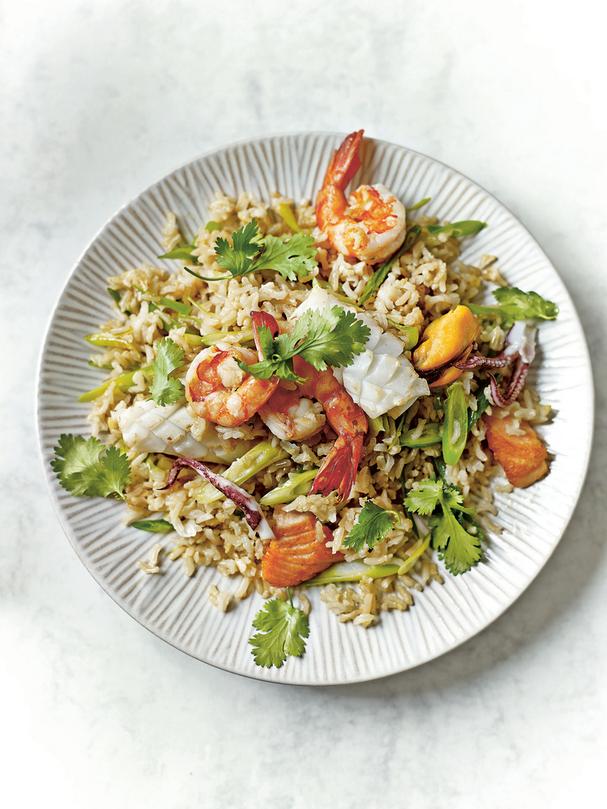 Seafood brown rice with lemongrass and cilantro