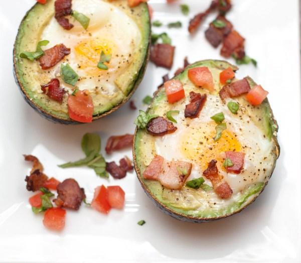 Avocado Baked Eggs with Tomato, Basil and Bacon