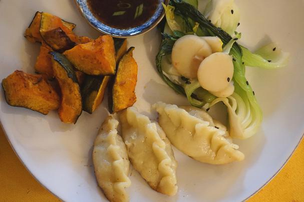 Gluten-free pot stickers with roasted kabocha and bok choy