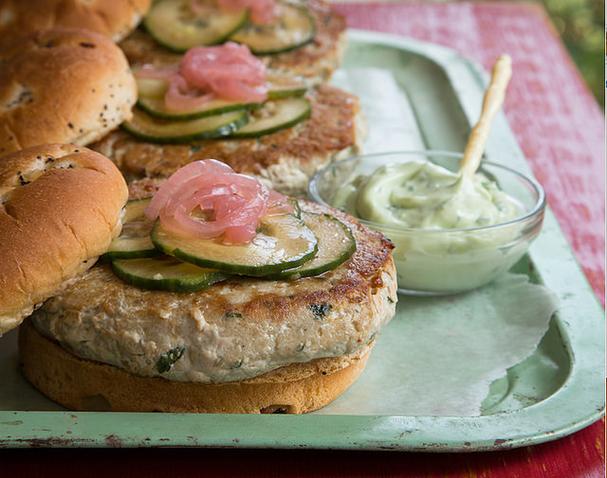 Tuna burgers with pickled onions, cucumbers, and wasabi mayo