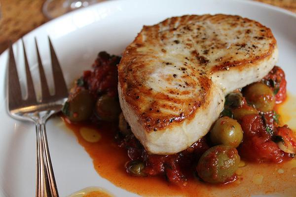 Roasted Swordfish with Mazanilla Olives, Cherry Tomatoes, and Capers