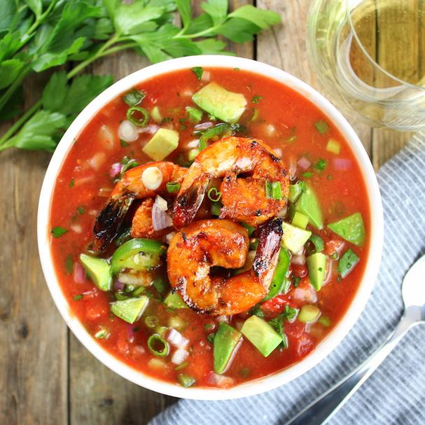 Gazpacho with spicy grilled shrimp