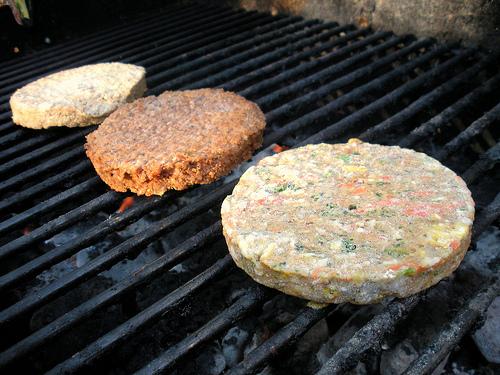 Burgers On Grill From left: Boca, Amys, Gardenburger.