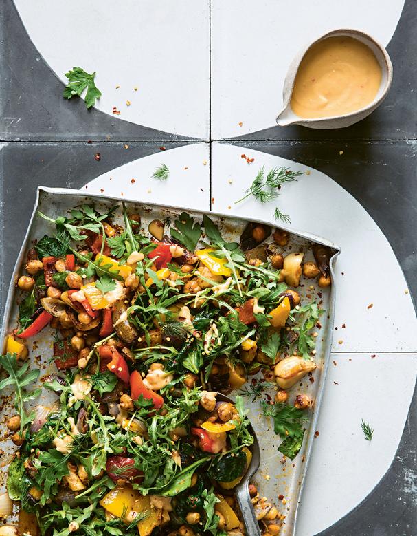 Big Salad Roast Chickpeas and Peppers with Warm Chili Tahini